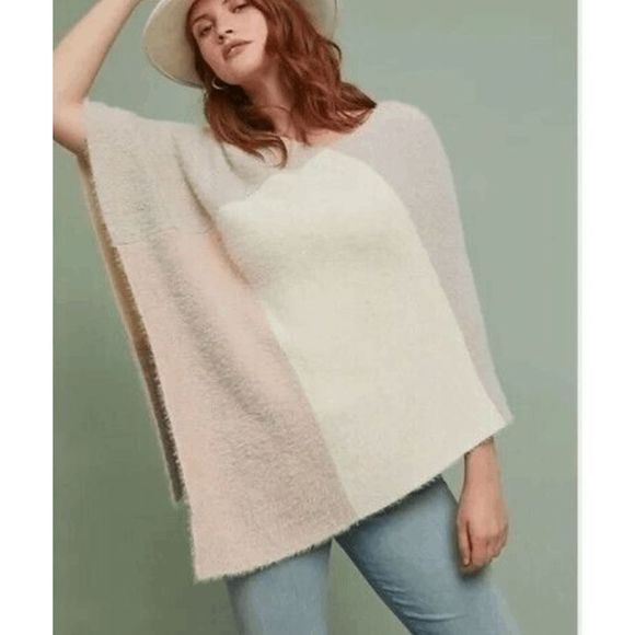 ANTHROPOLOGIE Sweater ONE SIZE Jordan Poncho Color Block Ivory White Pink - Picture 1 of 9